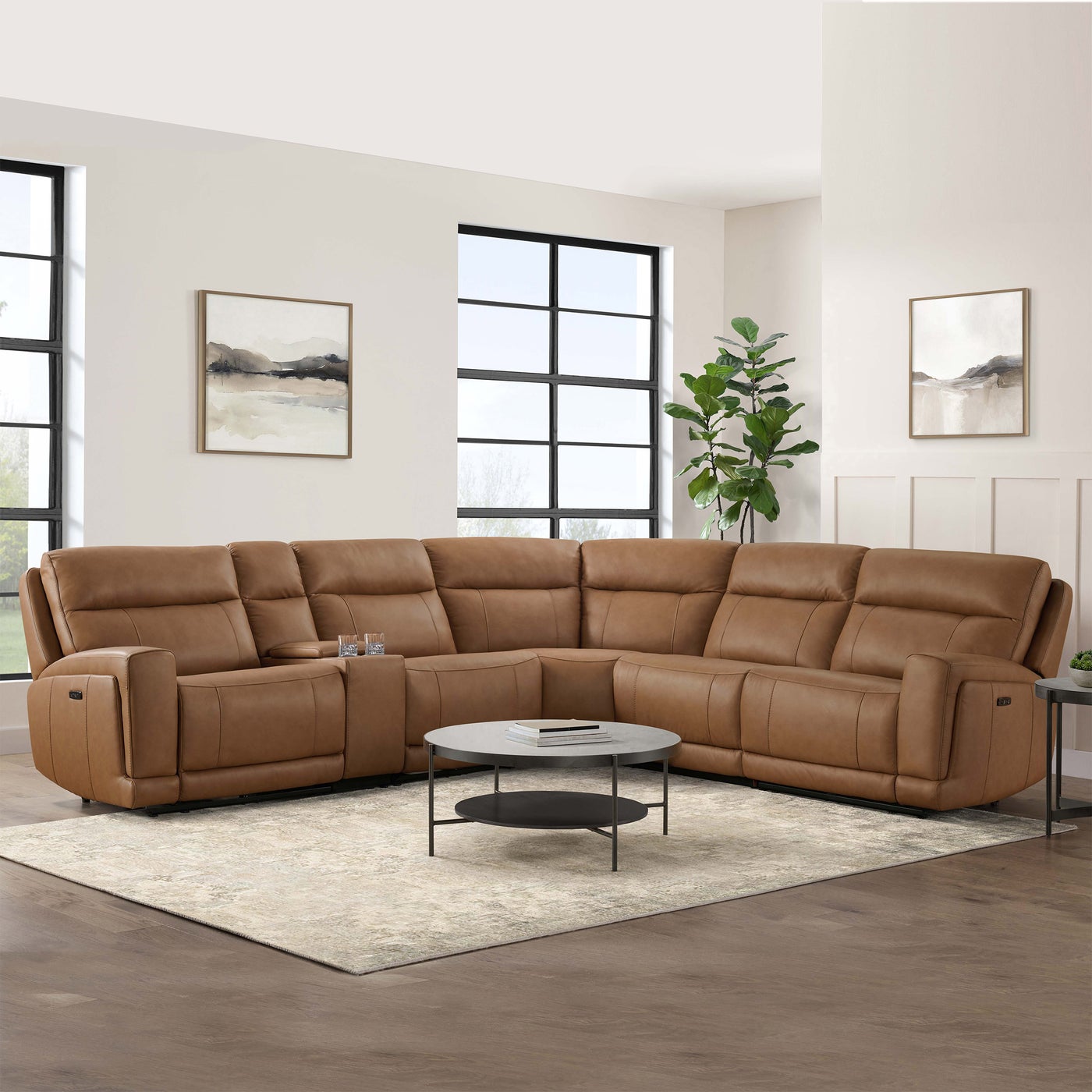Gilman Creek Lauretta sectional in brown top-grain leather — L-Shape, Power Reclining (6-piece), 6 seats — photo 1 of 8